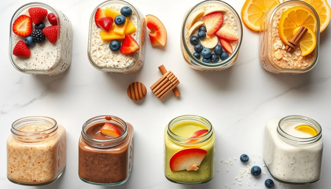 Eight honey overnight oats flavor jars in two rows on white marble: classic berry, tropical mango, peanut butter banana, apple cinnamon, chocolate, matcha, peach, and lemon blueberry