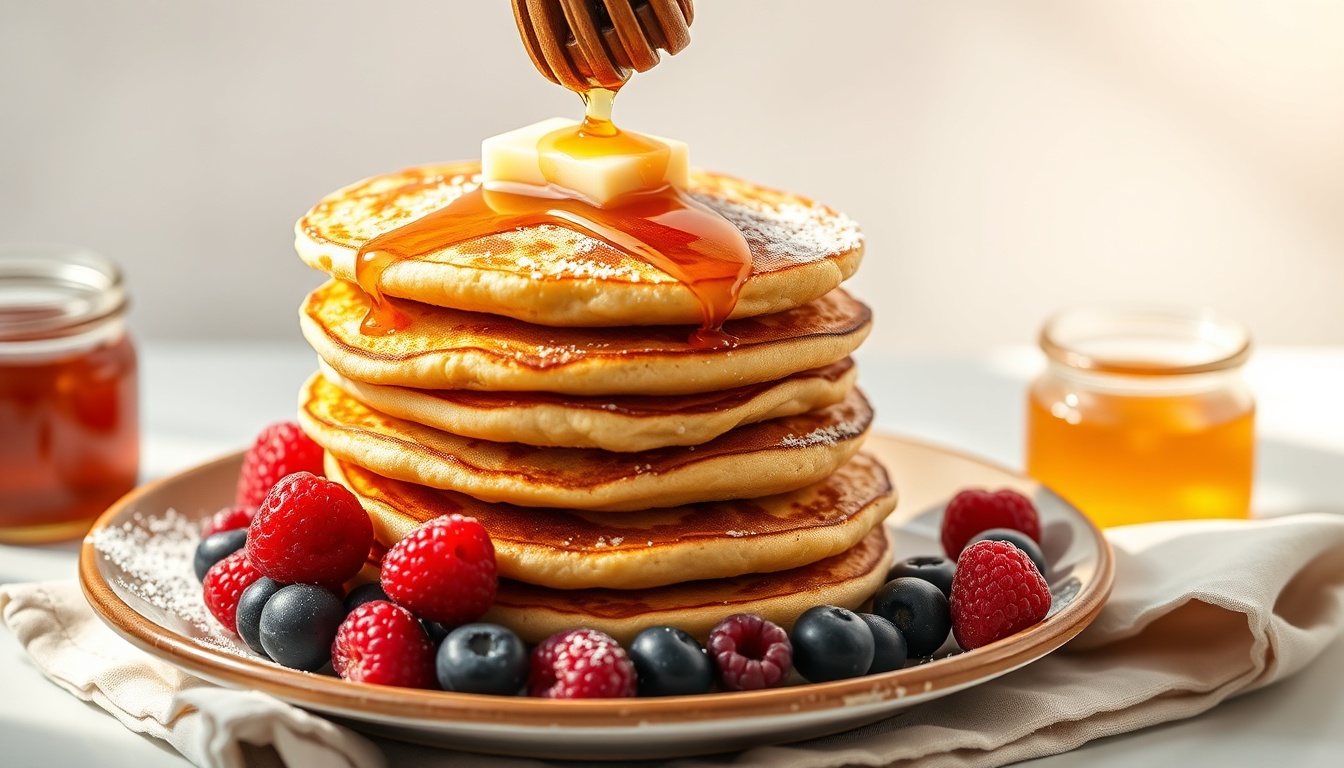 Tall stack of fluffy golden honey pancakes with honey being drizzled from above, fresh berries, and a small honey jar on a rustic plate in morning light