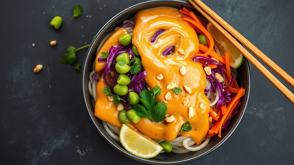Creamy honey peanut sauce noodle bowl with rice noodles, purple cabbage, edamame, carrots, and cilantro on dark slate
