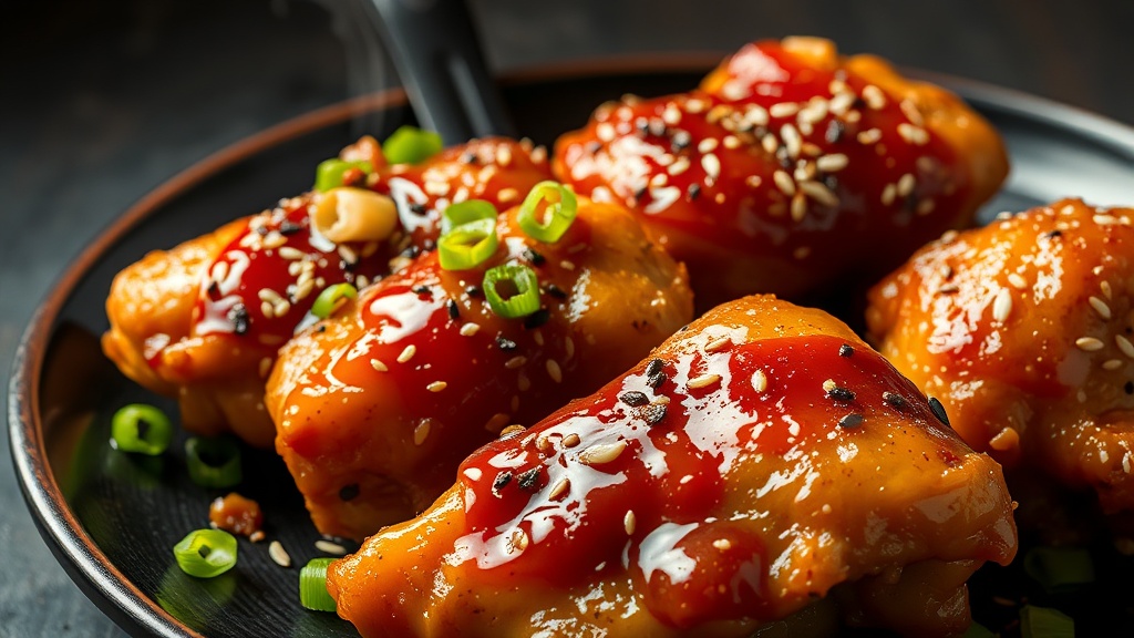 Crispy honey pepper chicken pieces coated in a sticky honey glaze with cracked black pepper, sesame seeds, and green onions on a dark ceramic plate