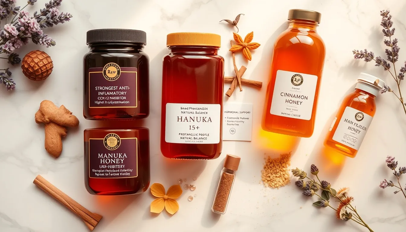 Honey types for period cramp relief on white marble: buckwheat for COX-2, Manuka for prostaglandins, wildflower, bee pollen