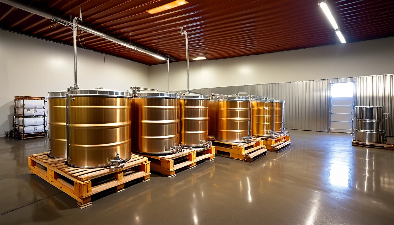 Steel honey drums on wooden pallets in a commercial honey house warehouse