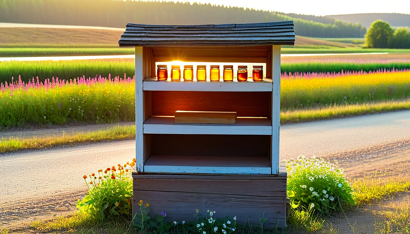 Roadside wooden farm stand with jars of raw honey glowing in late afternoon sun