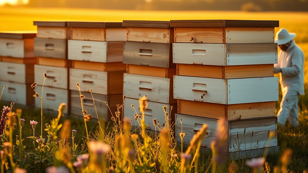 Rows of wooden Langstroth beehive boxes in a wildflower meadow at golden hour with a beekeeper inspecting a frame in the background