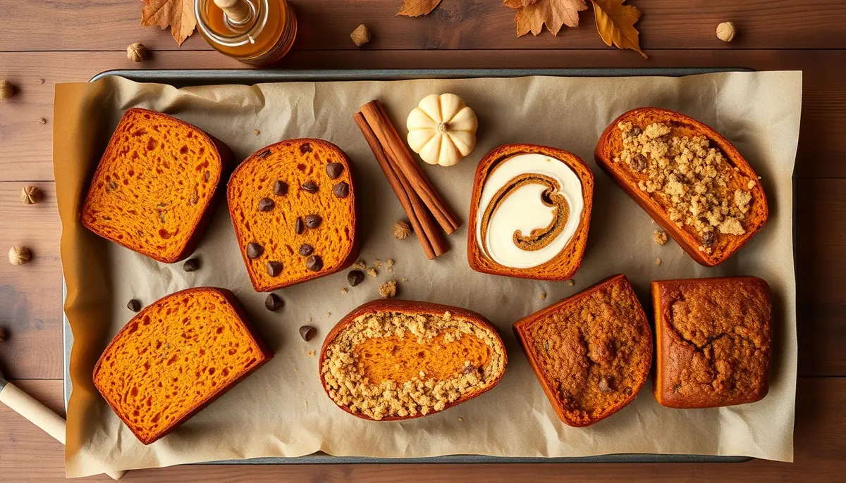 Five honey pumpkin bread flavor variations showing different cross-sections — classic, chocolate chip, cream cheese swirl, streusel, and double spice