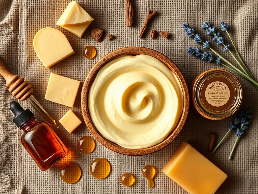 Rich honey repair beard balm in a wooden bowl with shea butter, argan oil bottles, honey jar, and lavender on a textured linen background