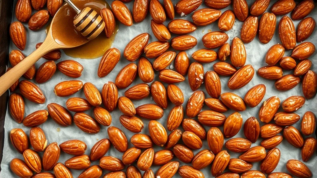 Freshly baked honey roasted almonds on parchment-lined baking sheet with deep amber caramelized glaze and flaky sea salt
