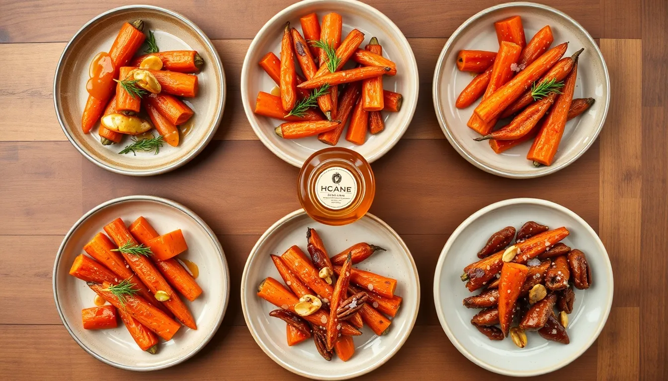 Six honey roasted carrot flavor variations including orange ginger, balsamic herb, and spiced Moroccan styles