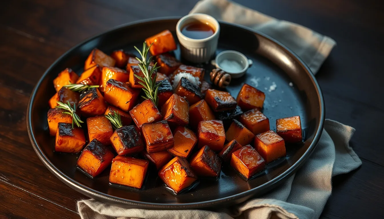 Honey roasted sweet potato cubes with deeply caramelized amber glaze, char marks from high-heat roasting, rosemary sprigs, and sea salt on a dark ceramic serving plate