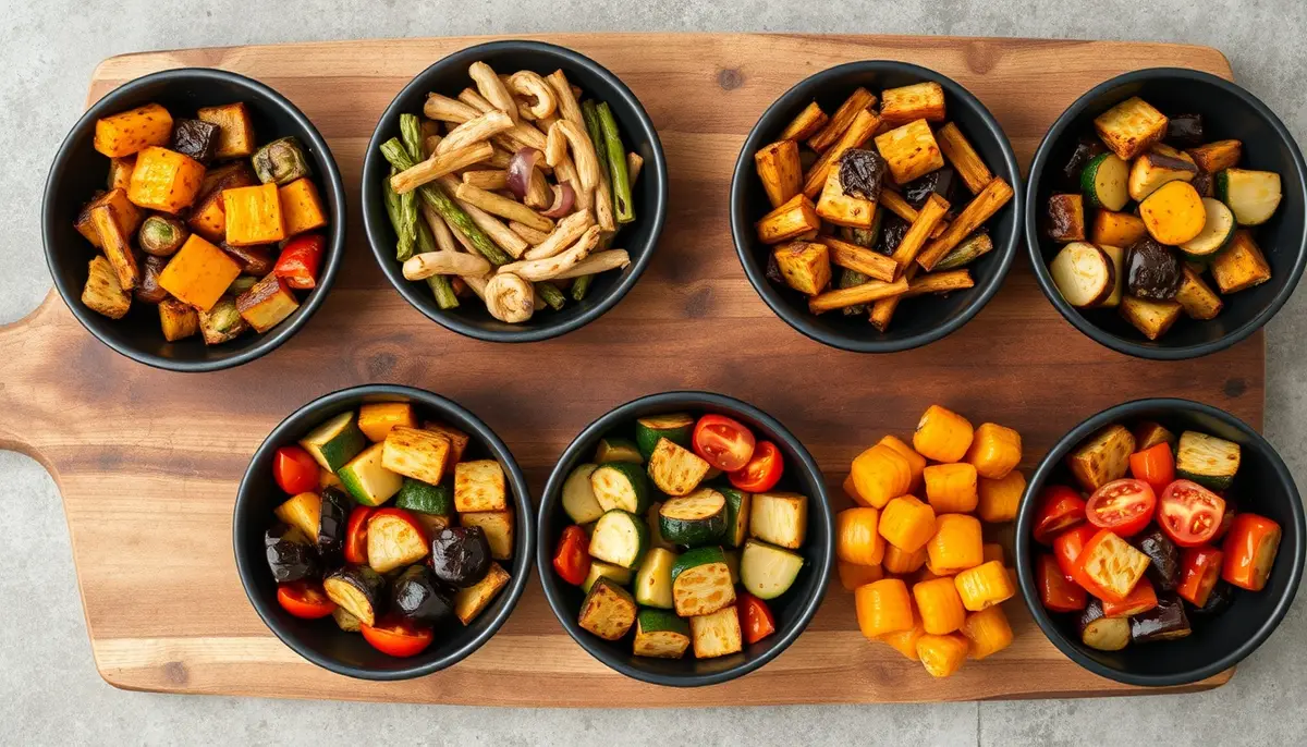 Six seasonal honey roasted vegetable combinations in individual dark bowls — fall harvest, winter warmth, spring garden, summer abundance, Mediterranean medley, and spicy honey