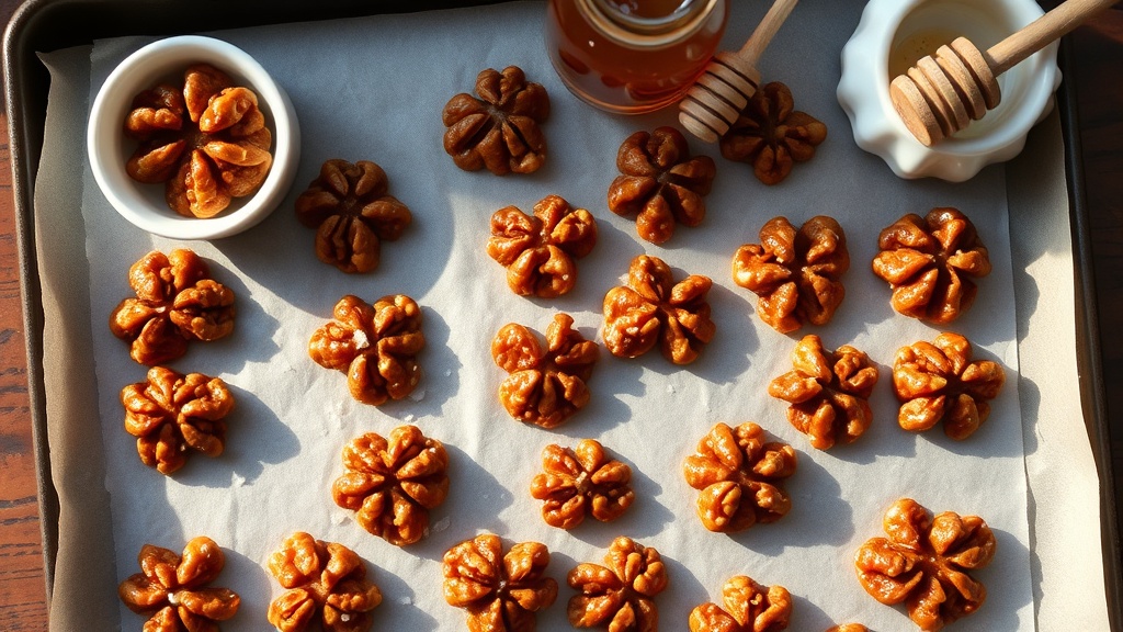 Freshly baked honey roasted walnut halves on a parchment-lined baking sheet with a glassy amber caramel coating and flaky sea salt