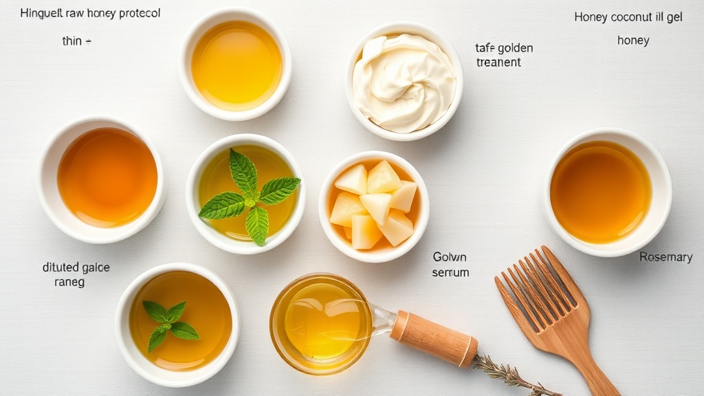 Five honey scalp treatment recipes in white ceramic bowls: diluted honey protocol (pale amber), coconut oil moisturizer (golden-white cream), aloe vera soothing gel (golden-green), tea tree peppermint clarifying treatment (green-tinted amber), and rosemary growth serum (amber-green oil)