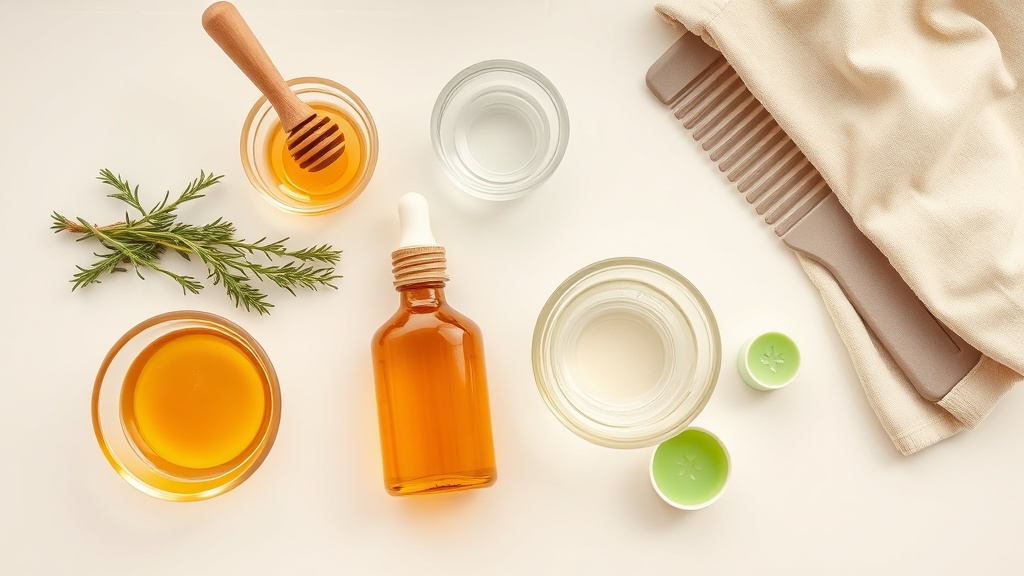 Honey scalp treatment preparation on a white bathroom counter: amber glass applicator bottle filled with diluted honey solution, raw honey bowl, dropper bottle of tea tree oil, fresh rosemary bundle, aloe vera gel, wide-tooth comb and shower cap