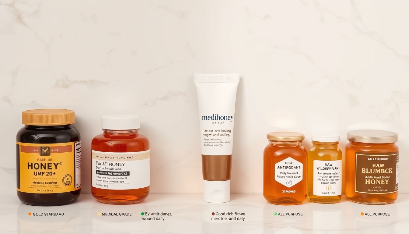 Best honey types for scar healing ranked by evidence: Manuka UMF 20+ gold standard, medical Medihoney wound gel, buckwheat high-antioxidant, and raw wildflower on white marble with evidence quality badges
