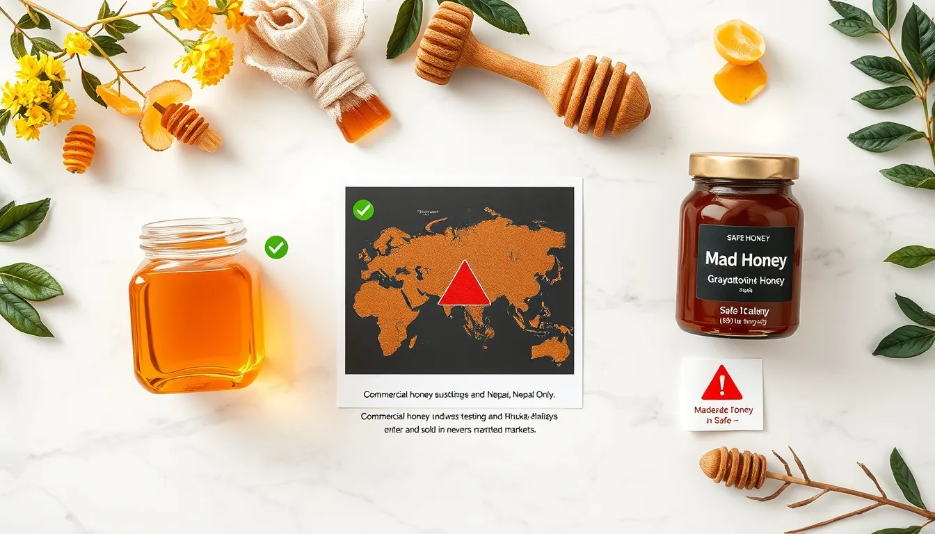 Safe common honey varieties on left versus rare mad honey warning on right with geographic map showing limited rhododendron honey regions