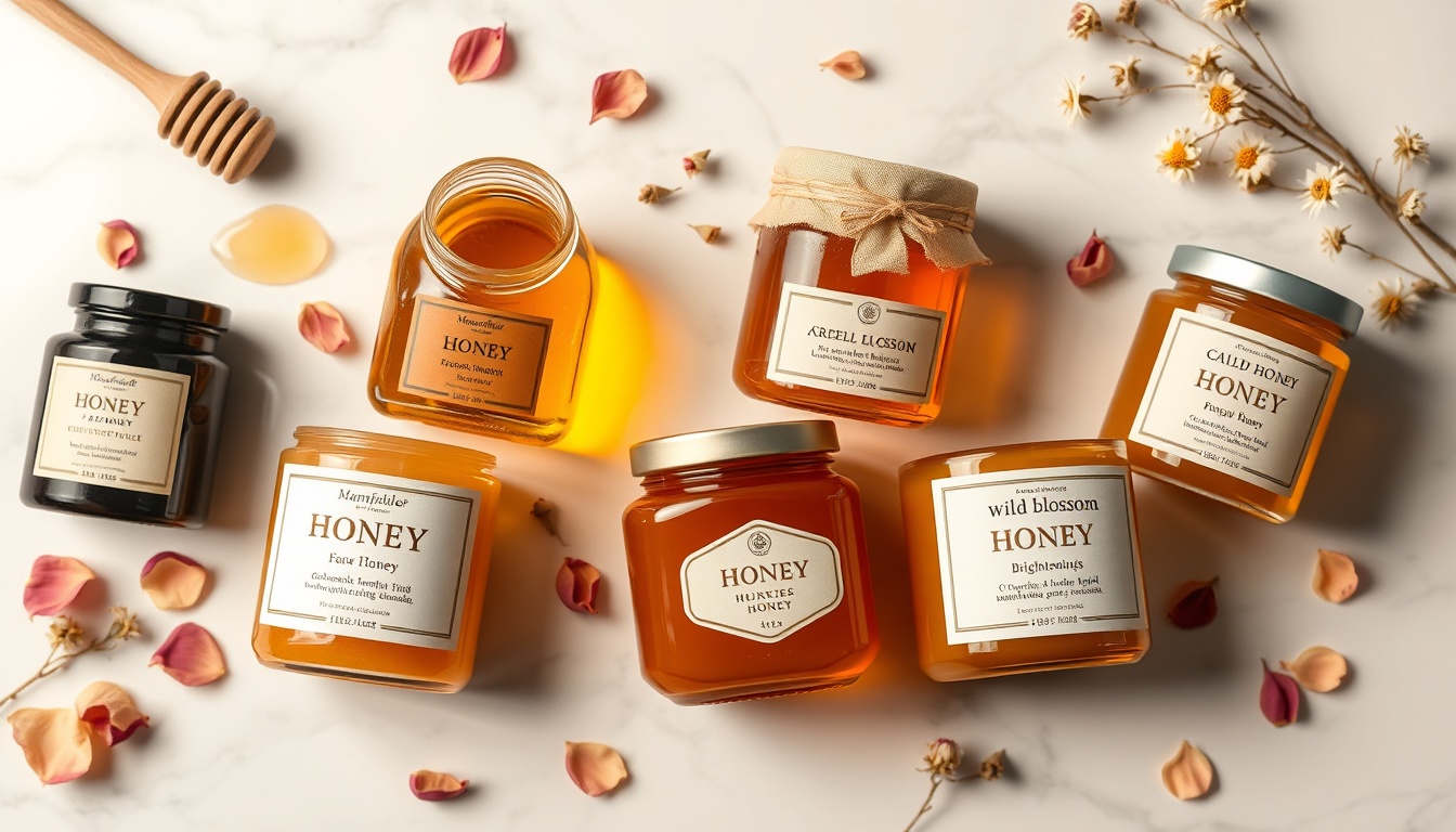 Labeled honey jars for skin care: Manuka for acne, acacia for sensitive skin, wildflower for all-purpose use