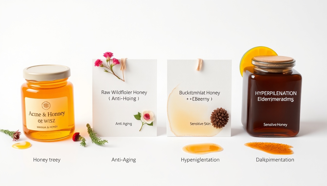 Four labeled honey jars: manuka for acne, wildflower for anti-aging, acacia for sensitive skin, buckwheat for dark spots