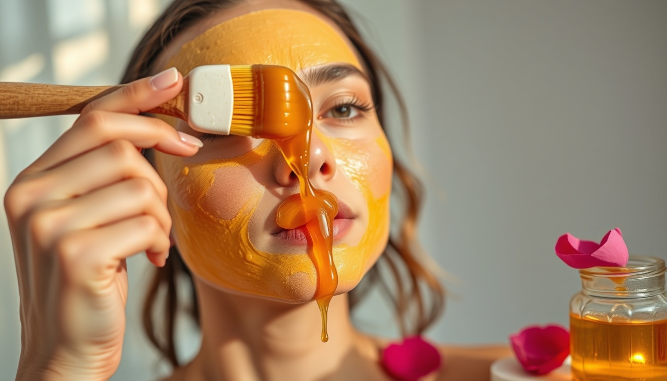Close-up of a woman applying golden honey face mask with a soft brush, honey dripping from the brush creating golden strings, glass jar of raw honey and fresh rose petals nearby