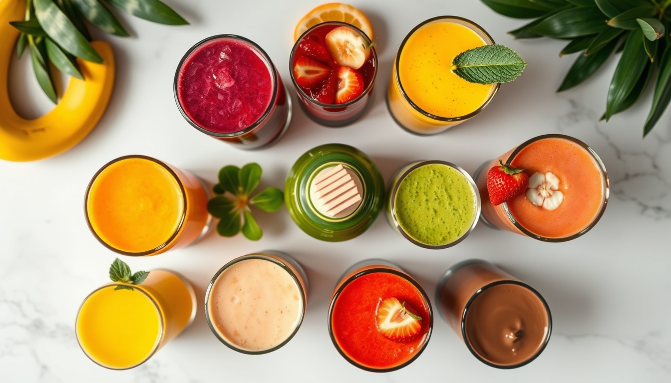 Eight colorful honey smoothie variations in clear glasses: golden honey banana, berry blast, green detox, mango tropical, protein power, strawberry, matcha, and chocolate