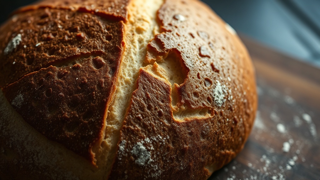 Close-up of honey sourdough boule with deeply golden caramelized crust, long score opening into an ear, artisan bakery aesthetic