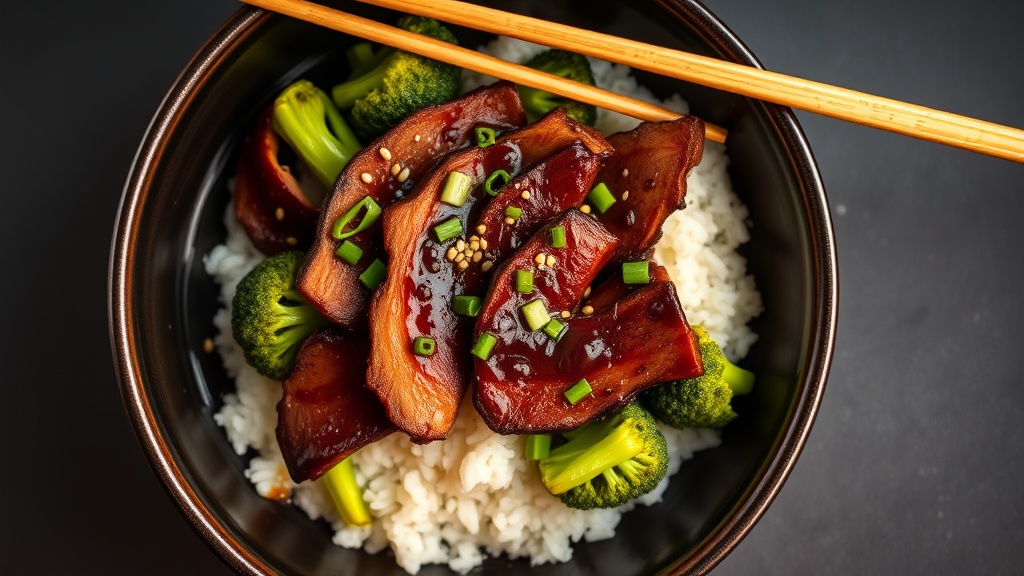 Honey soy beef and broccoli over steamed jasmine rice in a dark ceramic bowl with sesame seeds and green onions
