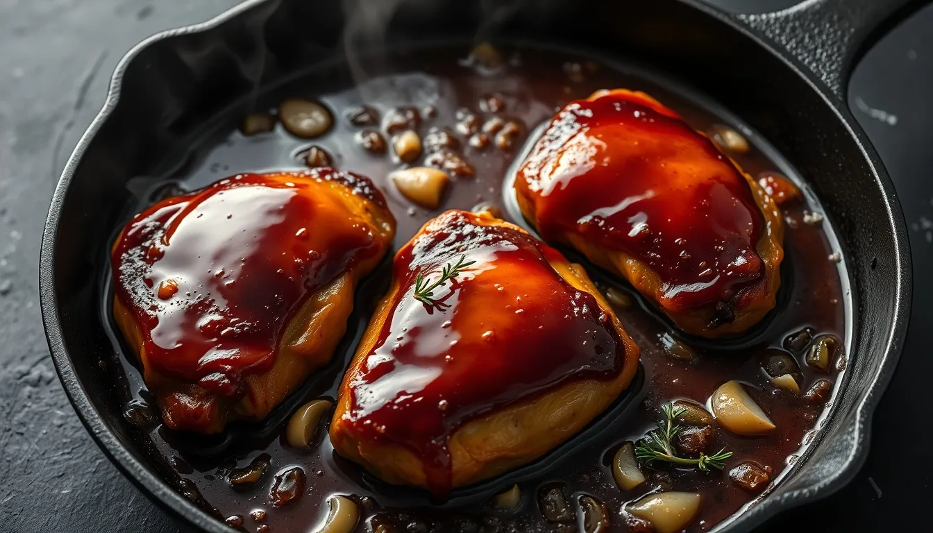 Honey soy glazed chicken thighs sizzling in a cast iron skillet with caramelized mahogany glaze and garlic
