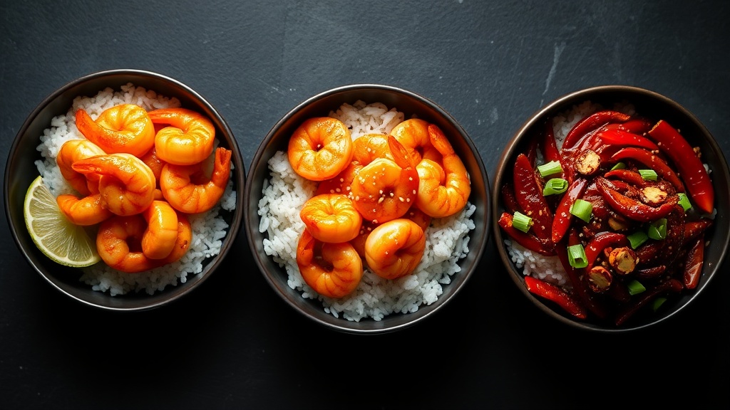 Three bowls of honey sriracha shrimp over rice showing a heat gradient from mild golden-orange to medium amber-red to hot dark-red with chili flakes
