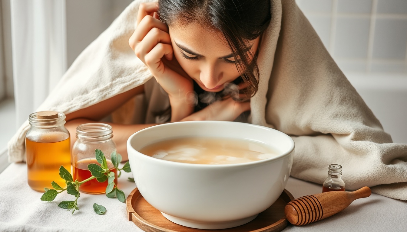 Soothing honey steam inhalation therapy with a towel draped over head above a bowl of steaming honey water, eucalyptus branches nearby