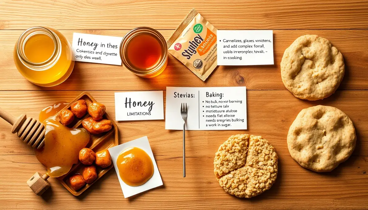 Practical kitchen comparison showing honey's diverse cooking uses (glazing, baking, dressings) versus stevia's limited application only in beverages