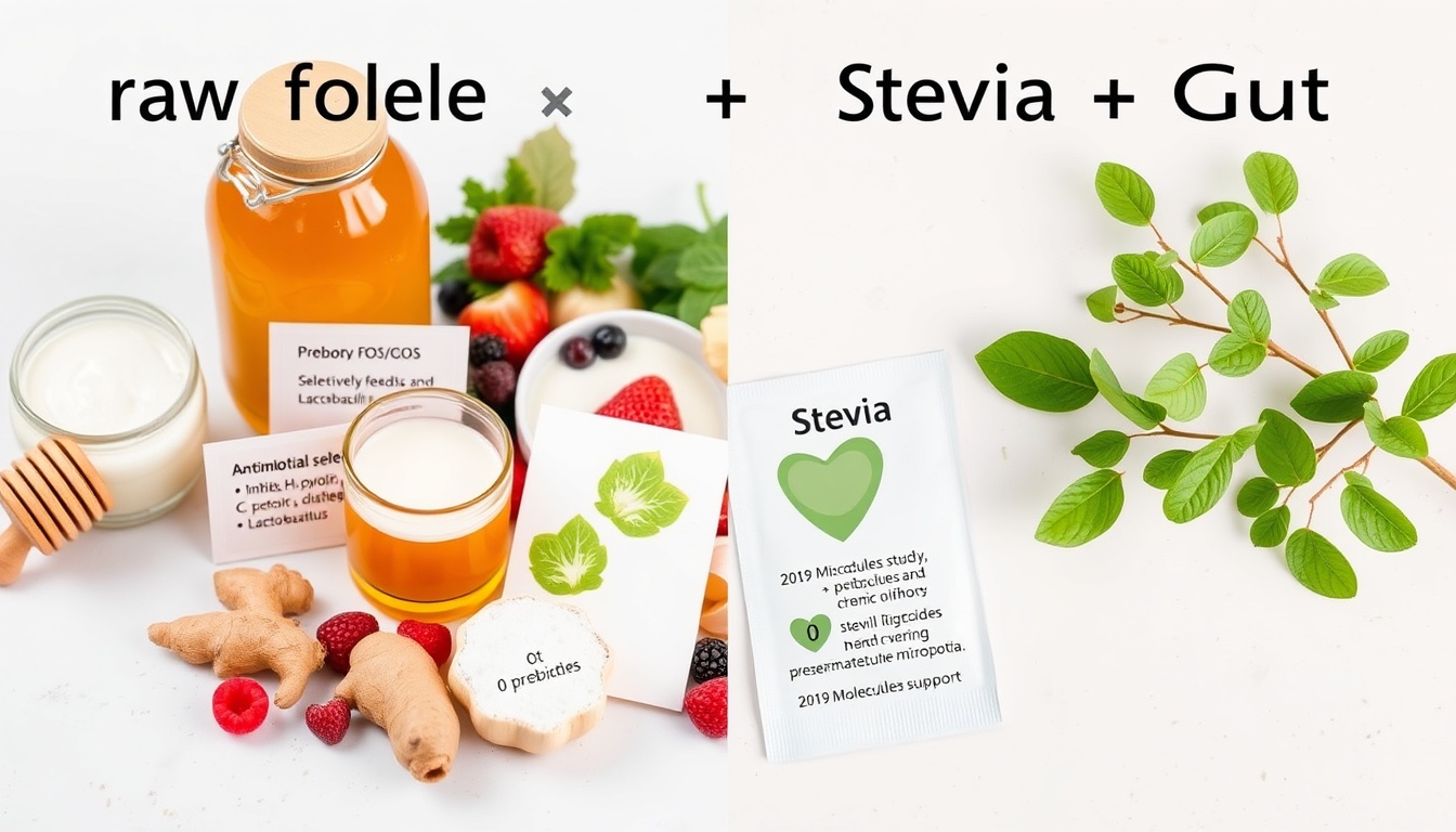 Side-by-side comparison of raw honey with prebiotic gut-health foods versus stevia with cautionary research cards showing gut microbiome effects