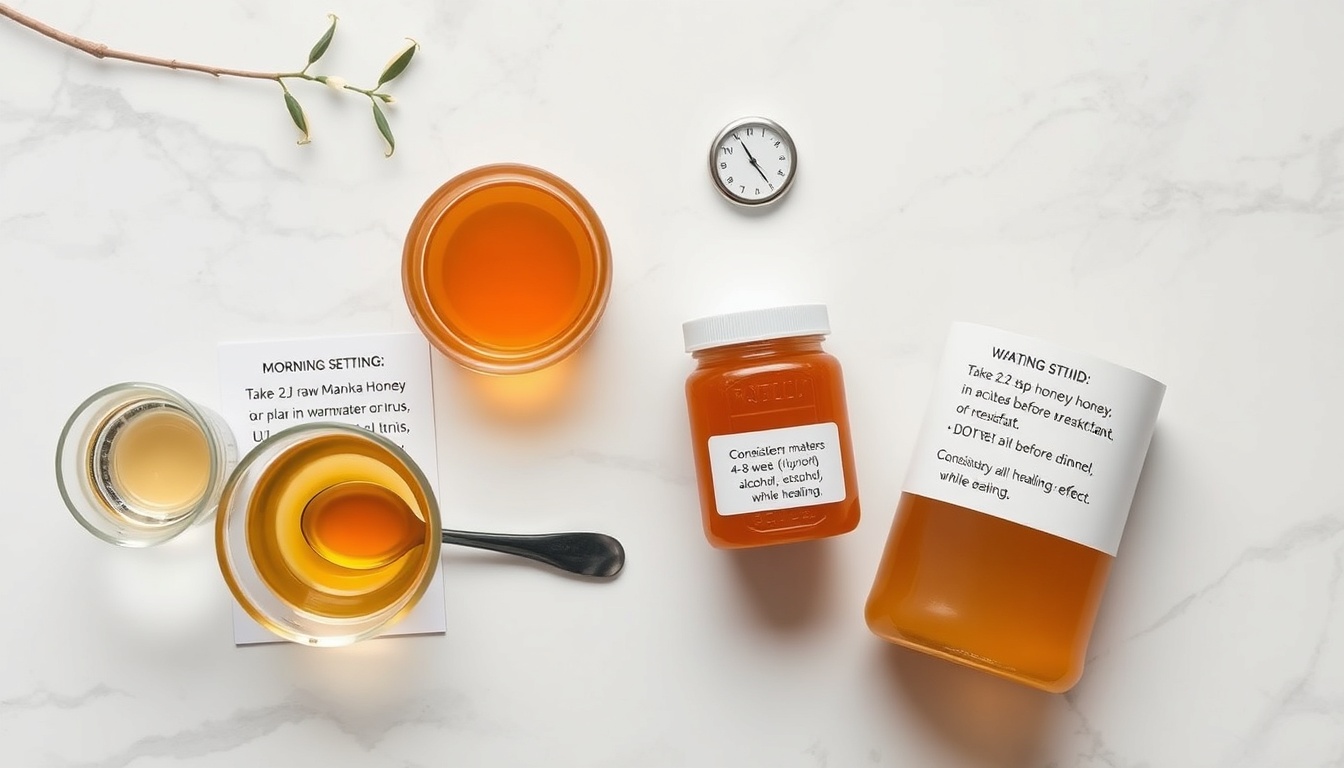 Honey protocol for stomach ulcer support: take 1-2 tsp raw Manuka honey 30 minutes before meals on empty stomach, morning and evening, for 4-8 weeks