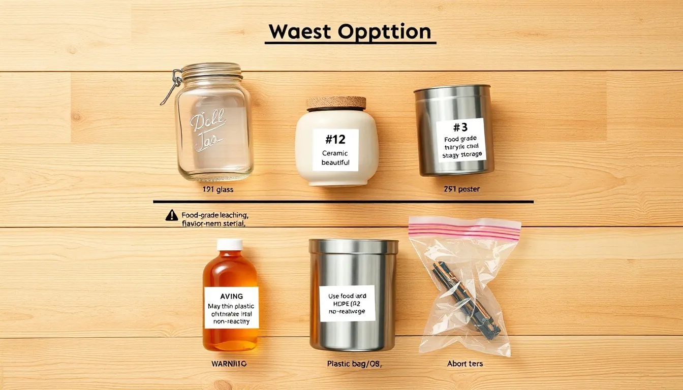 Best containers for honey storage: glass mason jars (best), ceramic crocks, and stainless steel — with warnings against thin plastic and non-airtight options