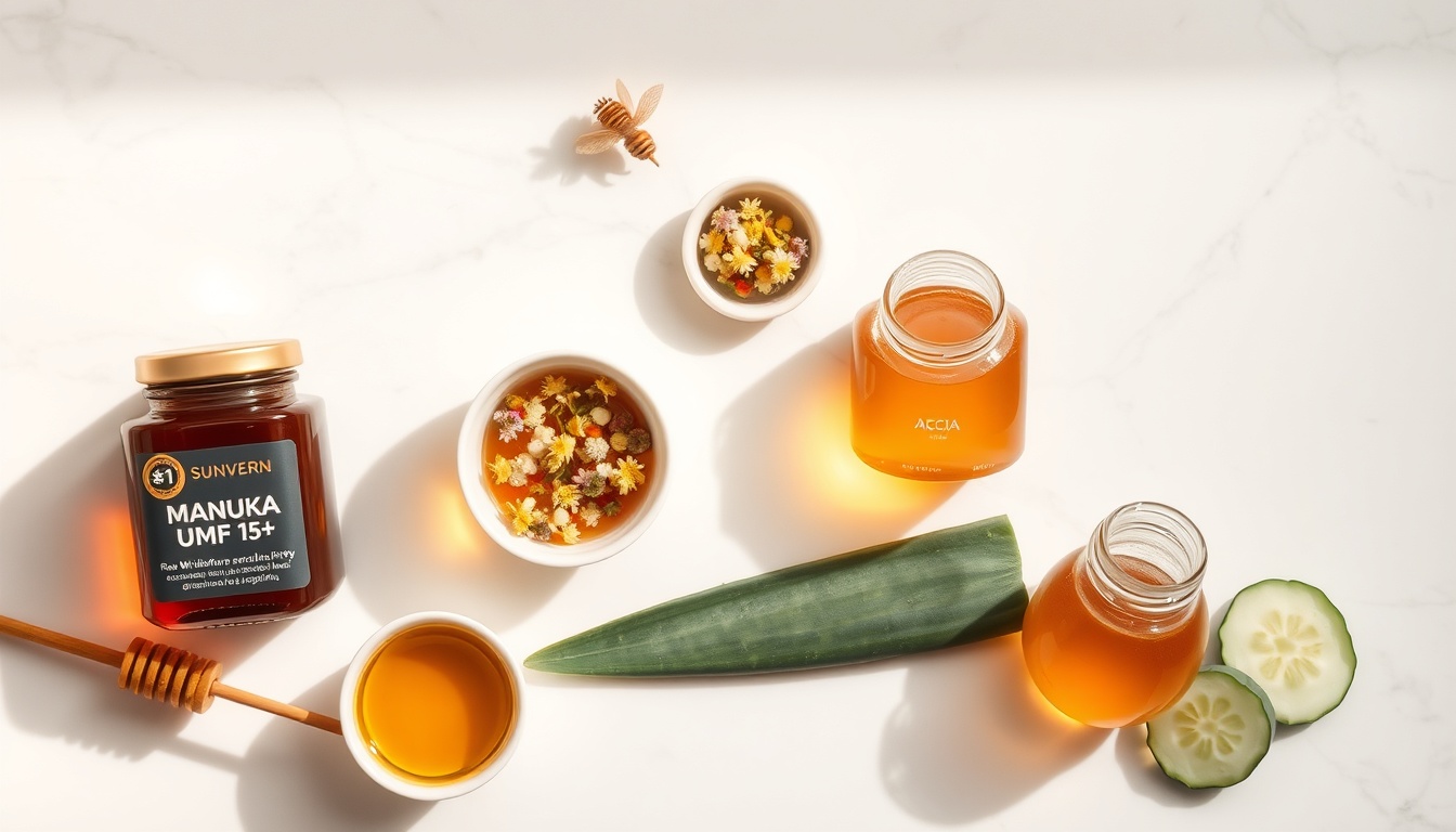 Best honey types for sunburn treatment ranked: Manuka UMF 15+ as gold standard, raw wildflower honey, and gentle acacia honey with cooling aloe vera and cucumber companions on white marble