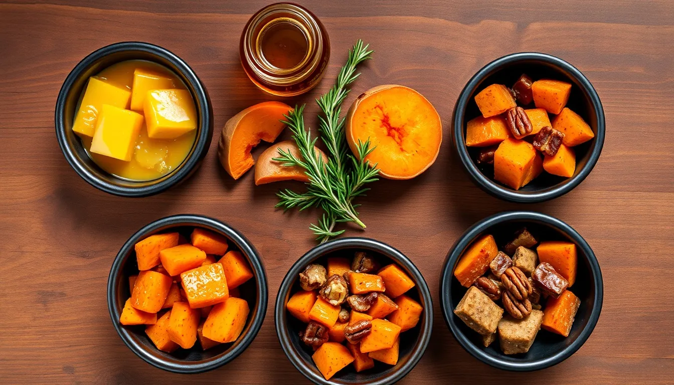 Five honey roasted sweet potato flavor variations in dark ceramic bowls: classic honey butter, honey cinnamon, honey chipotle, honey ginger miso, and honey maple pecan