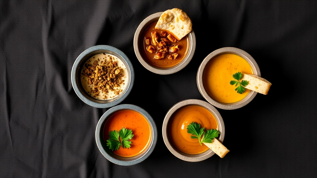 Five stone bowls of honey tahini dressing variations: za'atar, spicy, ginger, maple, and herbed, each garnished distinctly