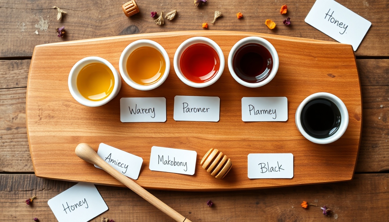 Six small honey tasting cups arranged on a rustic wooden board, each with a different honey color from pale gold to near-black, wooden honey dippers laid alongside, white cards for tasting notes