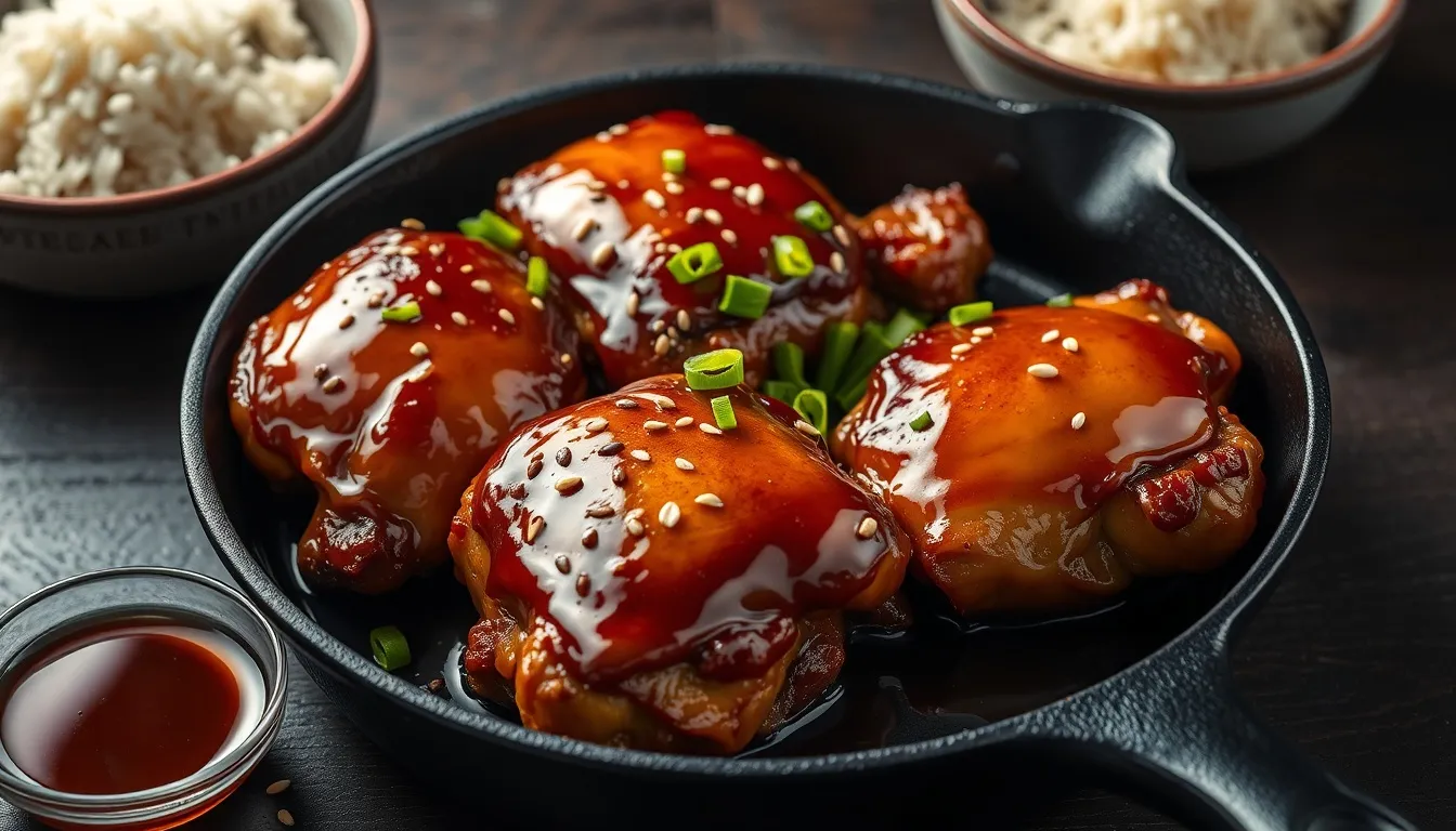 Honey teriyaki chicken thighs in a cast iron skillet with deep mahogany glazed coating, sesame seeds, and sliced green onions