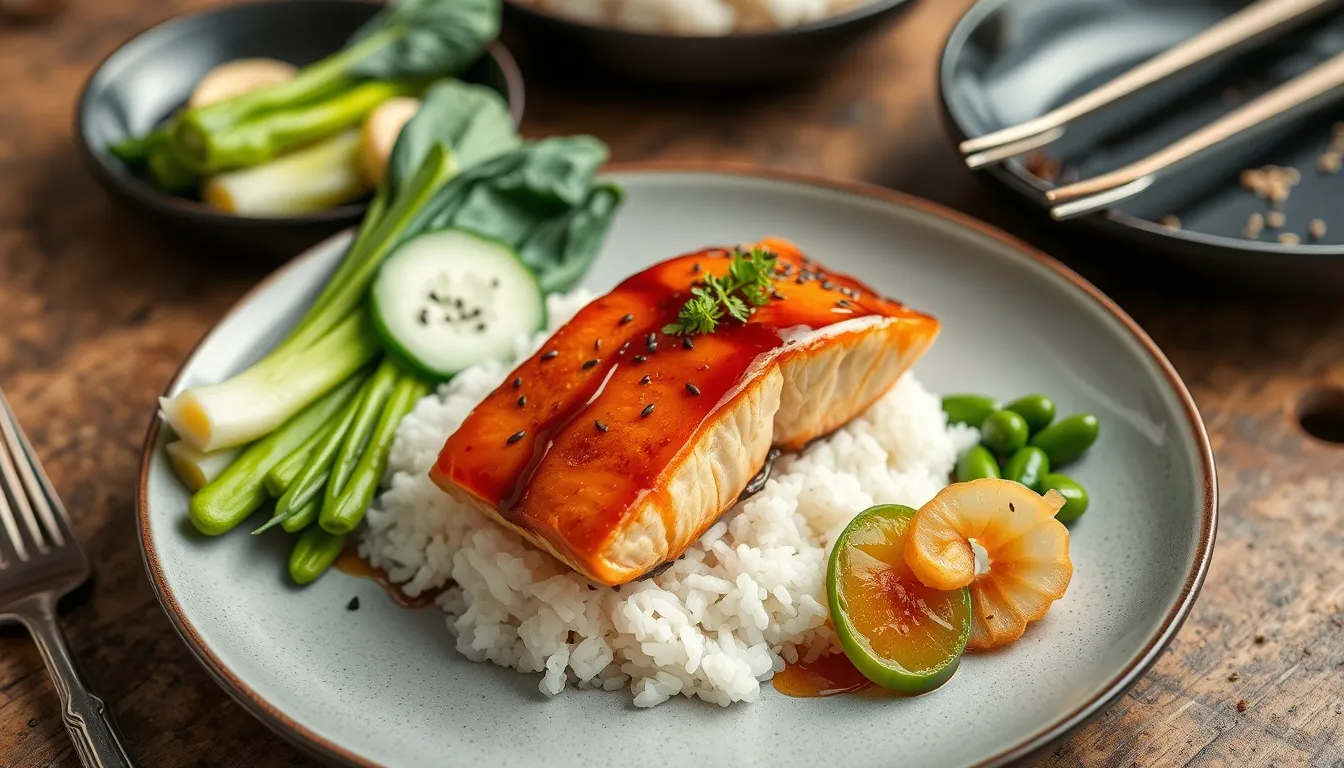 Honey teriyaki salmon fillet served over steamed white rice with roasted vegetables