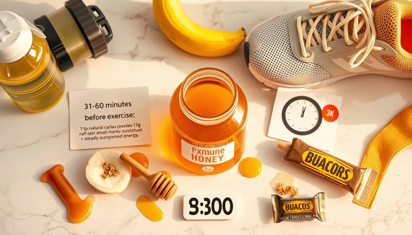 Pre-workout honey timing: a jar of golden raw honey with banana, sports bottle, and timing card showing 1 tablespoon 30-60 minutes before exercise for sustained natural energy
