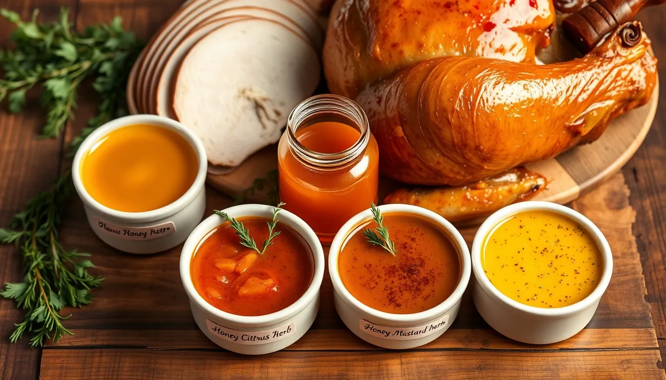 Four honey turkey glaze variations in small ramekins — classic honey butter, citrus herb, maple bourbon, and honey mustard herb