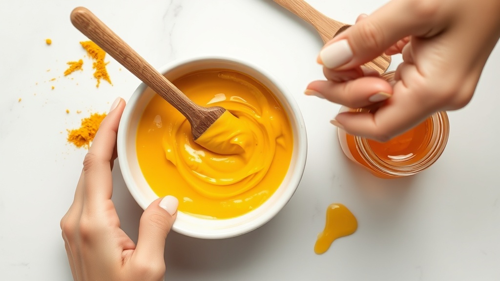 Classic honey turmeric face mask preparation — golden paste in a white ceramic bowl with turmeric powder and raw honey ingredients
