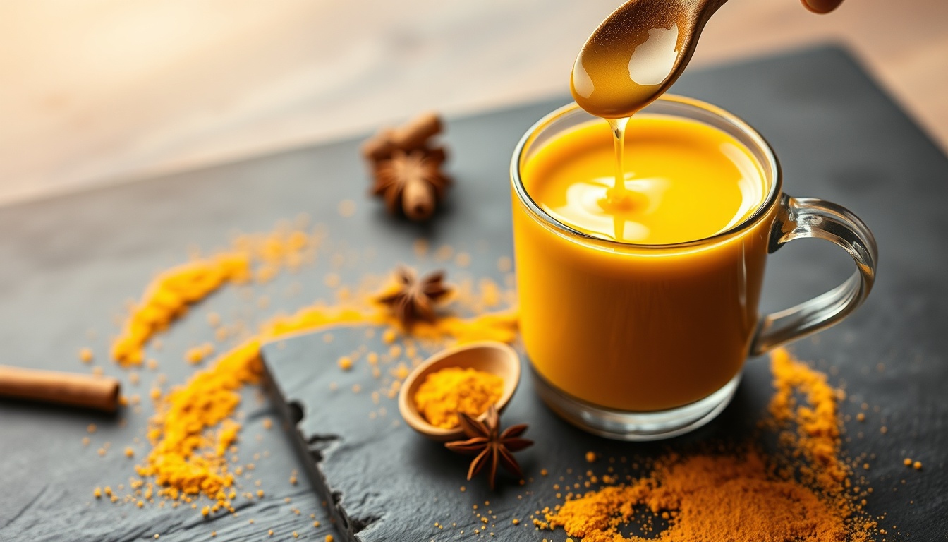 Vibrant golden milk turmeric latte with cream foam, raw honey drizzled from spoon, cinnamon and star anise garnish on dark slate