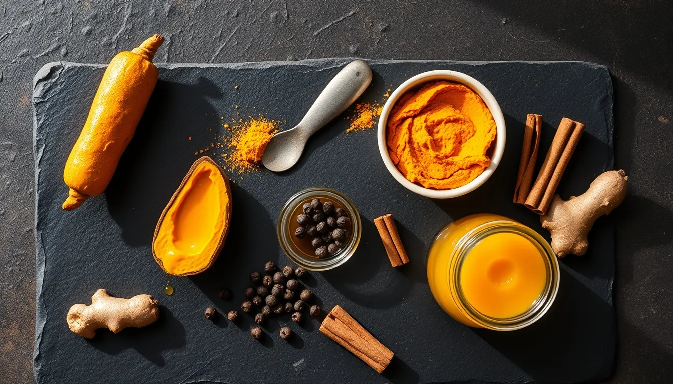 Golden paste preparation ingredients: fresh turmeric root, honey in bowl, black pepper, coconut oil, ginger, and cinnamon on dark slate