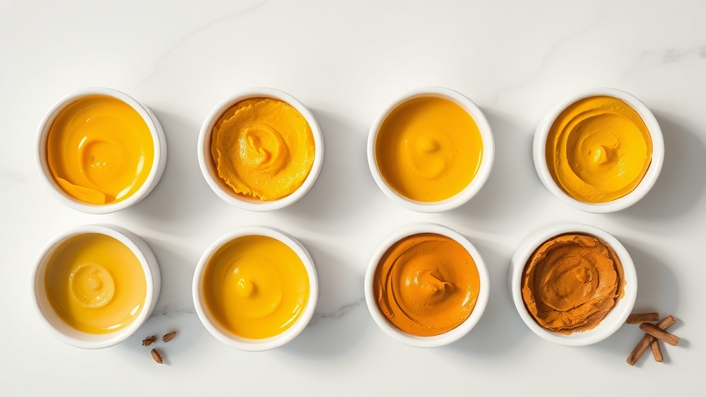 6 honey turmeric face mask variations in white ceramic ramekins showing different formulations for acne, brightening, anti-aging, sensitive skin, deep cleanse, and spot treatment