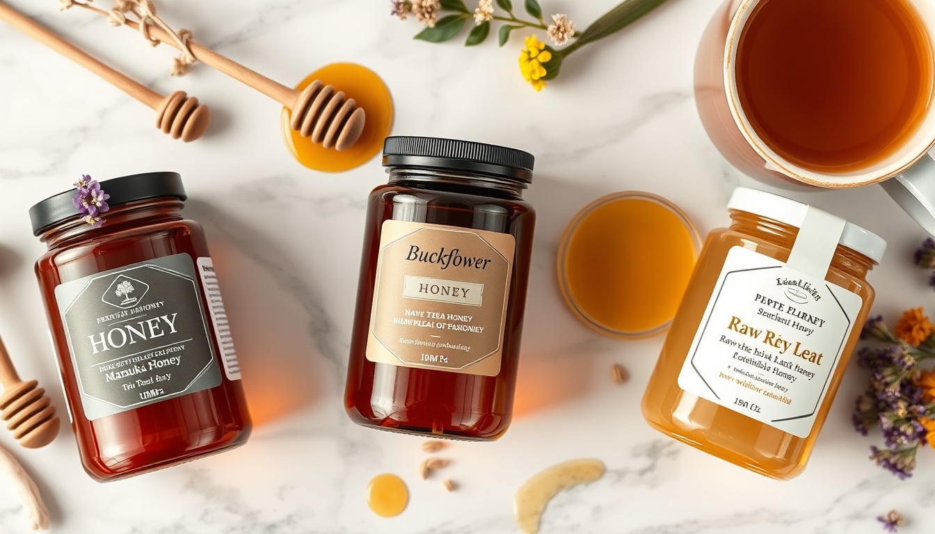 Three best honey types for acid reflux — manuka honey UMF 12+, dark buckwheat honey, and raw wildflower honey — with a soothing herbal tea