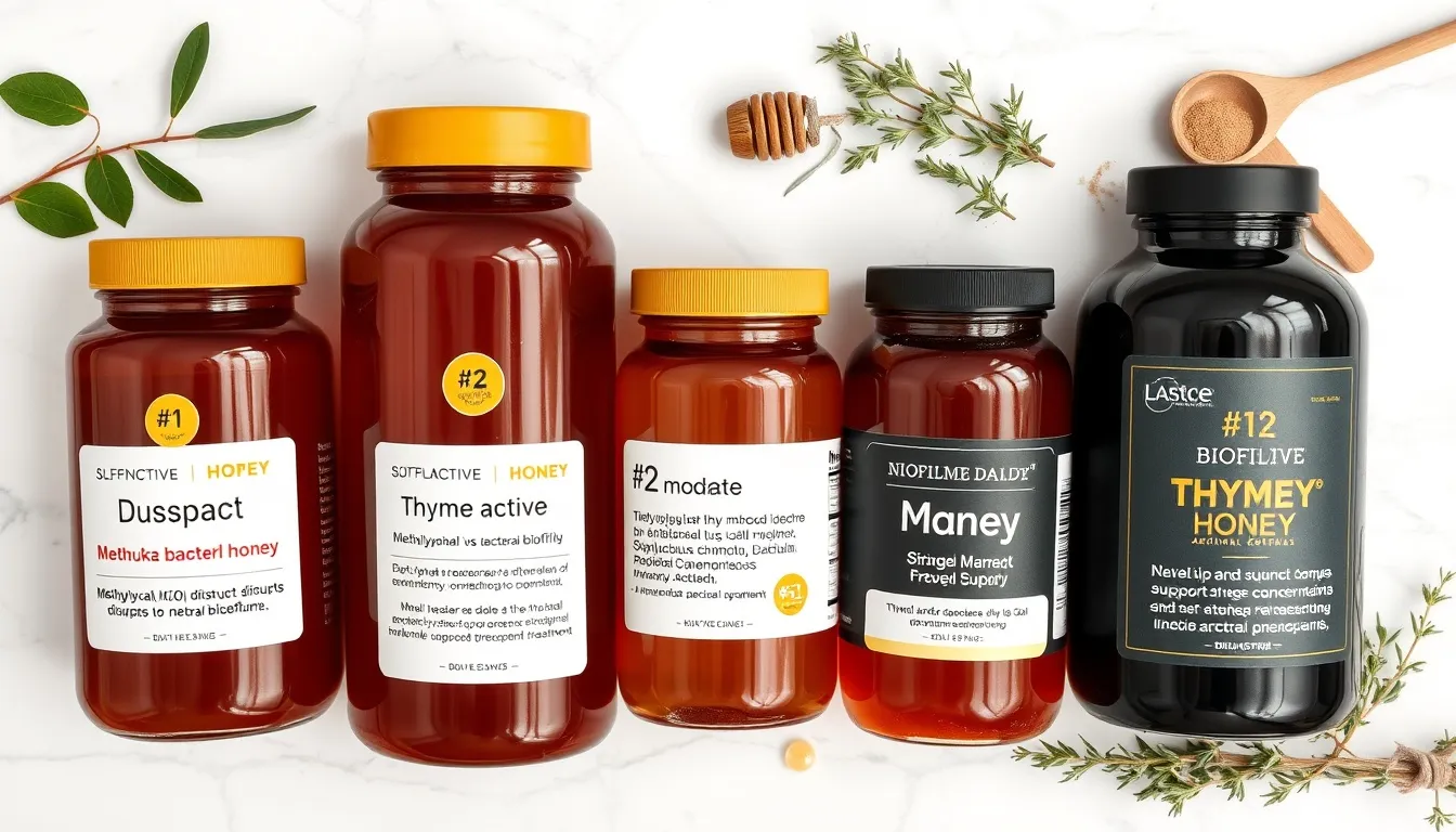 Four best honey types for UTI support ranked — Manuka UMF 20+, Manuka UMF 10+, thyme honey, and raw wildflower honey with evidence cards on white marble