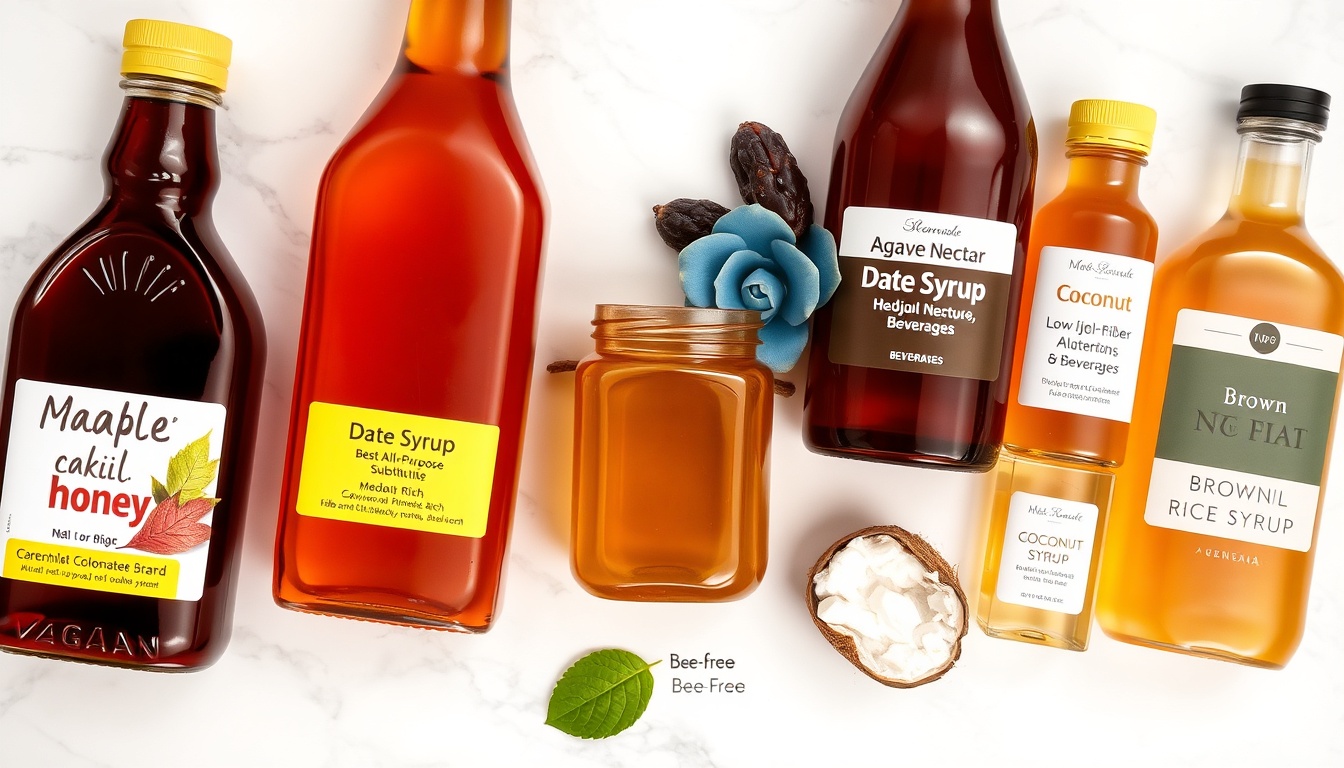 Plant-based honey alternatives flat lay: maple syrup, agave nectar, date syrup, coconut nectar, and brown rice syrup on white marble