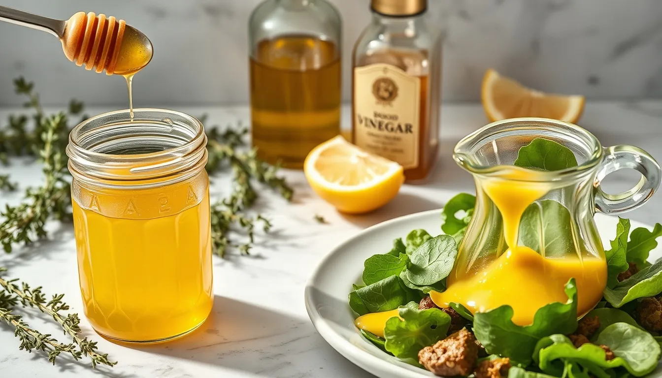 Honey vinaigrette being prepared: golden honey, Dijon mustard, and apple cider vinegar in a glass jar with olive oil being streamed in, fresh herbs and lemon nearby on white marble