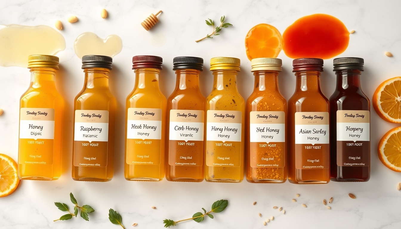 Six honey vinaigrette flavor variations in small glass bottles: classic honey Dijon, raspberry balsamic, citrus, herb garlic, Asian sesame, and pomegranate honey