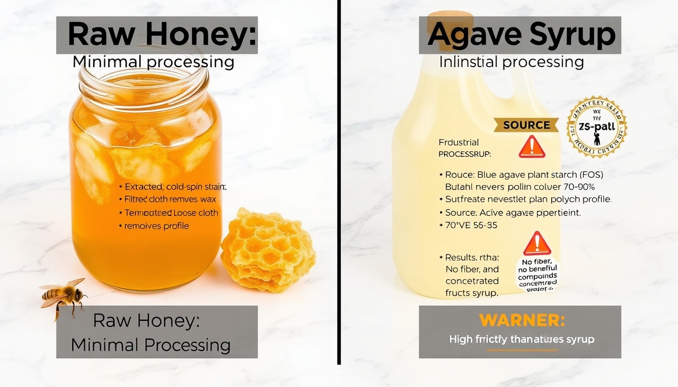Side-by-side comparison of raw honey minimal processing vs industrial agave syrup production — showing how agave nectar is heavily refined similar to high-fructose corn syrup